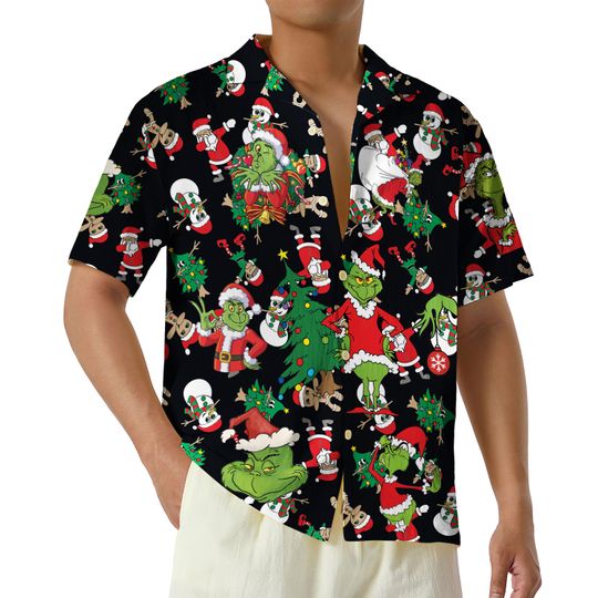 Funny Grin Christmas Hawaiian Shirt, Merry Grin Hawaii Shirt, Christmas Movie Button Up Shirt, Santa Pine Tree Holiday Shirts