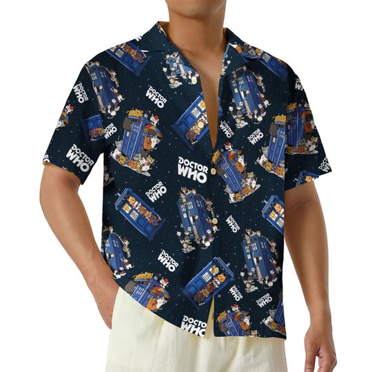 Doctor Who Cat Doodle Hawaii Shirt, Police Box in Space Button Up Shirt, Doctor Who Fan Gift
