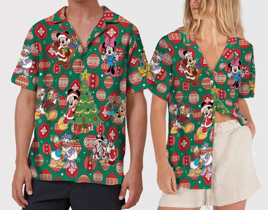 Discover Santa Mickey Hawaiian Shirt, Green Hawaiian Shirts, Christmas Ornament Button Up Shirt, Xmas Holiday Family Shirt