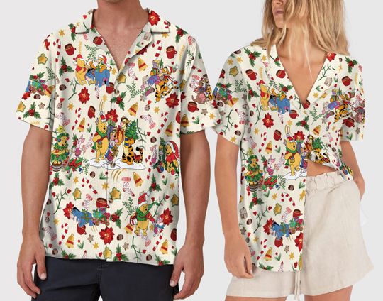 Discover Christmas Pooh Bear Hawaiian Shirt, Pooh and Friends Christmas Shirt, Xmas Tree Family Shirts, Holiday Button Up Shirt for Friends