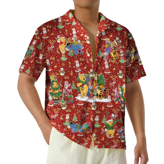 Discover Pooh Bear Christmas Hawaiian Shirt, Pooh Xmas Holiday Shirt, Family Vacation Button Up Shirt, Red Christmas Tee