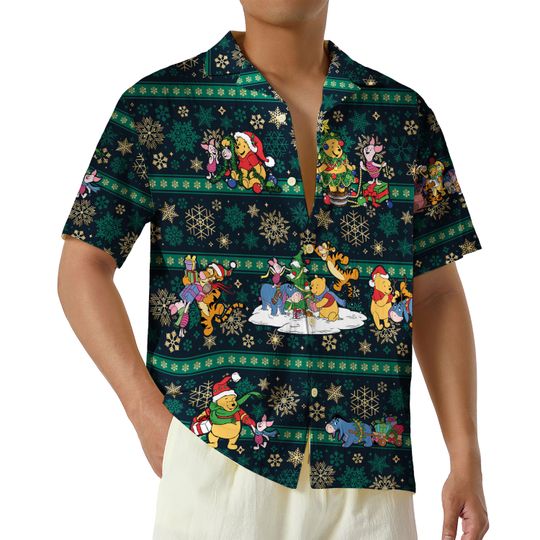 Discover Christmas Tree Pooh Bear Hawaiian Shirt, Pooh Tigger Piglet Christmas Aloha Shirt, Family Vacation Button Up Shirt