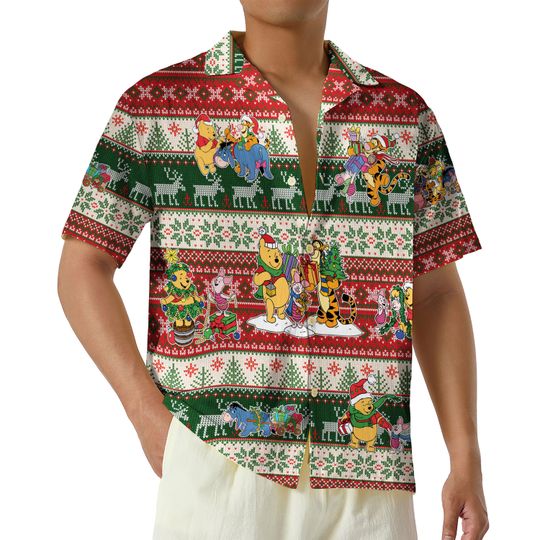 Discover Ugly Sweater Pooh Bear Hawaiian Shirt, Pooh Christmas Shirt, Family Vacation Shirts, Magic Kingdom Xmas Button Up Shirt