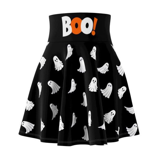 Halloween Skater Skirt, Cute Ghost Circle Skirt, Women's Halloween Clothing, Fun Spooky Season Skirt with Boo! Ghost Print, Plus Size