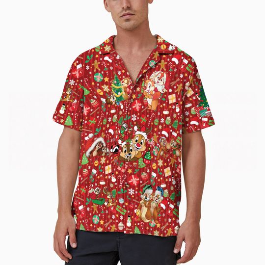 Discover Disney Chip And Dale Hawaiian Shirt, Red Christmas Chipmunk Hawaii Shirt, Disneyland Xmas Vacation Button Up Shirt, Disneyworld Aloha Shirt