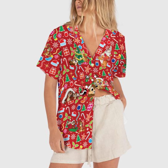 Discover Chip And Dale Christmas Button Up Shirt Red Hawaiian Shirt, Chipmunk Disney Couple Double Trouble Shirts, Disneyland Trip Aloha Shirt