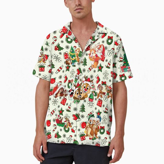 Discover Candy Cane Disney Chip And Dale Hawaiian Shirt, Santa Chipmunk Christmas Hawaii Shirt, Disneyland Xmas Holiday Vacation Button Up Shirt