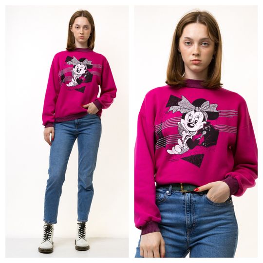Discover 90s Vintage Woman Disneyland Disney Minnie Pink Rainbow Sweatshirt