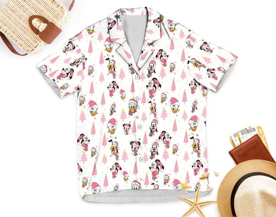 Discover Mickey and Friends Hwaiian Shirt, Disney Pink Christmas Shirts, Christmas Tree Button Up Shirt, Wdw Shirt, Mickey's Very Merry Xmas Shirt