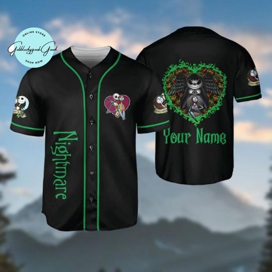 Halloween Jack And Sally Heart Baseball Jersey, Nightmare Before Christmas Merch, Spooky Season Disney Skeleton Shirt