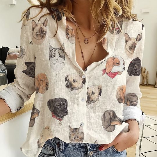 Discover Dog Cat Pattern Women Blouse, Pet Pattern Casual Shirt, Comfortable Shirt