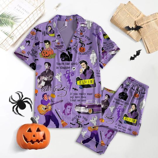 Vintage Elvis Presley Pajamas, Elvis King Of Rock Pajamas Set, Rock N Roll Women Pajamas, Halloween Ghost Shirt, Spooky Season Gift