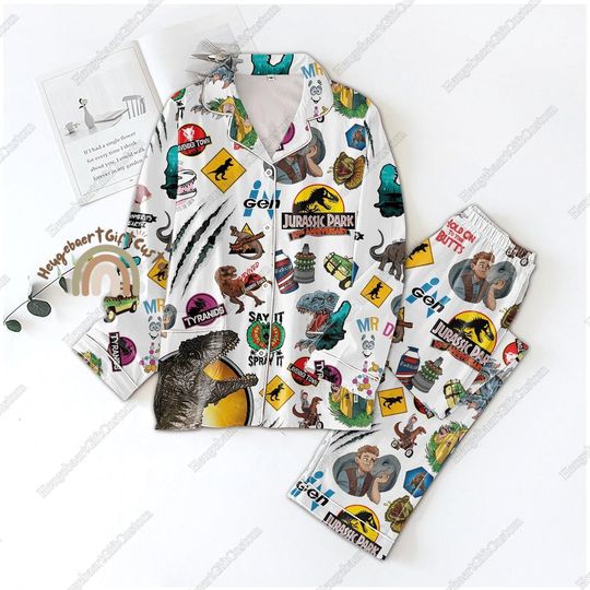 Discover Retro Jurassic Park Pajamas, Jurassic Park 30th Anniversary Pajamas Set, Jurassic Park Distressed Women Pajamas, Dinosaur Shirt