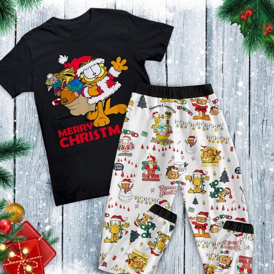 Garfield Cat Holiday Pajamas Set, Garfield Cat Personalized Family Pajamas, Garfield Cat Family Christmas Pajamas Set.
