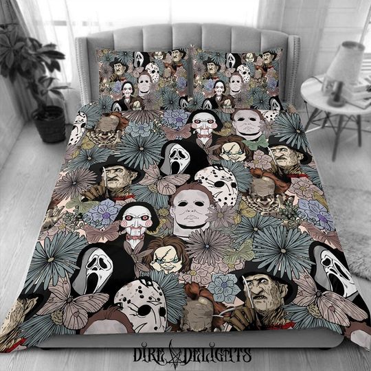 Discover Floral Serial Killers Bedding Set,Horror Movies Lover Bed set,Halloween Bedding