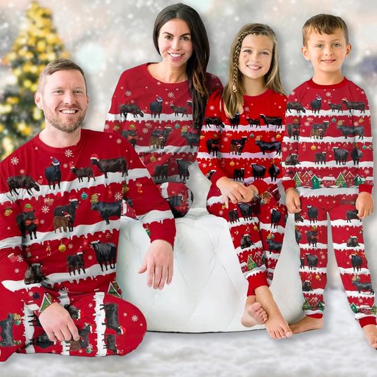 Christmas Angus Cattle Pajamas Set, Angus Cattle Matching Family Pajamas Set, Black Cow Christmas Party Shirt, Gift For Farmer