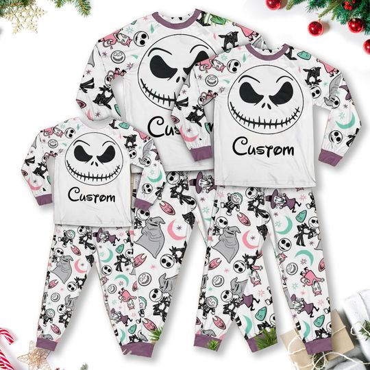 Discover Nightmare Before Christmas Pajamas Set, Jack And Sally Long Sleeve Pajamas, Jack Skellington Horror Shirt, Halloween Family Matching Shirt