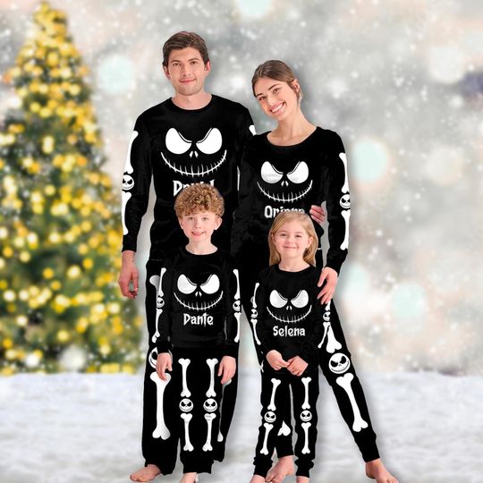 Discover Custom Nightmare Before Christmas Pajamas, Halloween Matching Family Pajamas Set, Jack Skellington Horror Movie Shirt, Skeleton Pajamas Gift