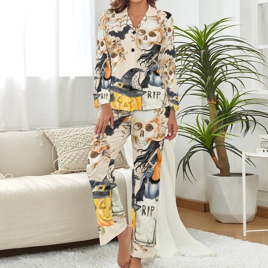 Boho Skull Halloween Women's Satin Pajama Set Romantic Gift