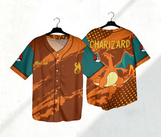 Charizard Baseball Jersey Shirt Japanese Anime Jersey Shirt Gift