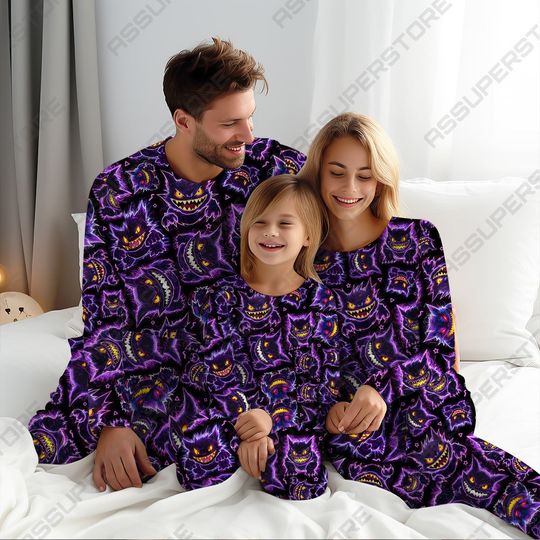 Discover Ghost Gengar Pajamas Cute Gengar Neon Family Pajamas Japanese Anime Pajamas Gift