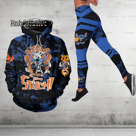 Disney Stitch Pumpkin Halloween Hoodie And Leggings, Stitch Skeleton Hoodie, Funny Stitch Halloween Sport Legging, Movie Cartoon Shirt