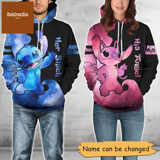 Custom Disney Stitch And Angel Couple Hoodie, Her Stitch And His Angel Hoodie, His And Her Hoodie, Lilo Stitch Movie Hoodie,Couple Gift