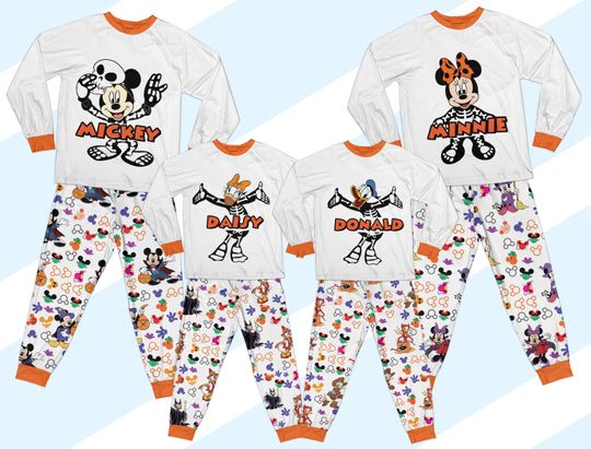 Discover Personalized Ddisney Group Matching Family Pajama Set, Custom Name Mickey And Friends Skeleton Halloween Pajamas, Halloween Gift For Family