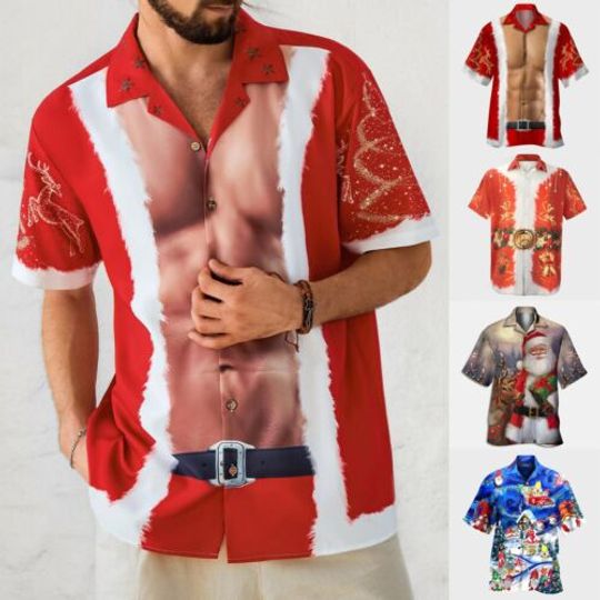 Discover Mens Christmas Santa Gift 3D Digital Printing Button Lapel Short Sleeve T Shirt