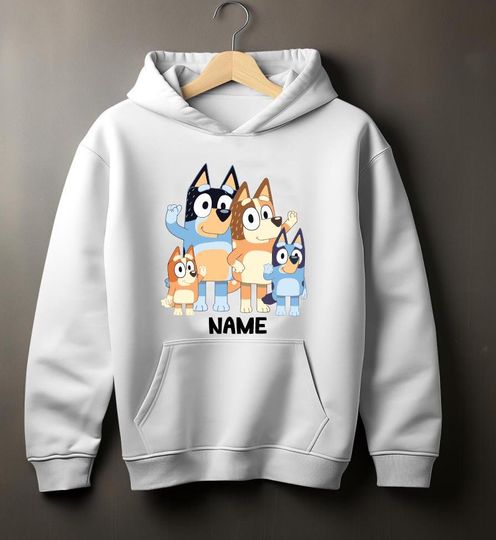 Discover Personalised Disney Cartoon  BlueyDad, Her Doll And  Bingo Family Hoodie
