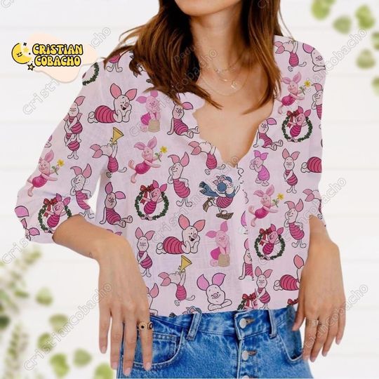 Halloween Piglet Linen Shirt, Disney Cartoon Linen Button Shirt, Piglet Winnie The Pooh Linen Blouse, Winnie The Pooh Women Blouses