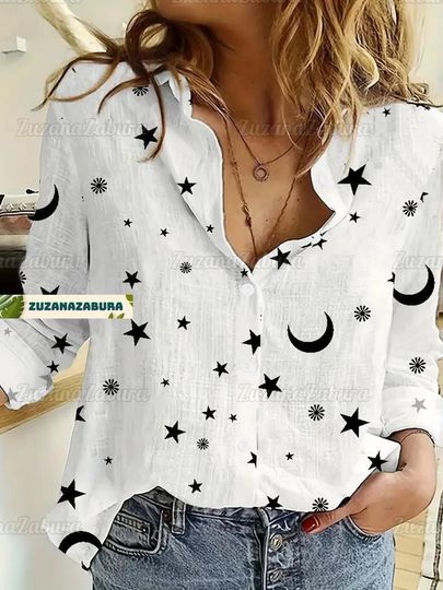 Discover Moon And Stars Linen Shirt, Stars Linen Shirt, Moon Linen Shirt, Astronomy Shirt, Stars Shirt, Stars Women Blouses, Moon Shirt