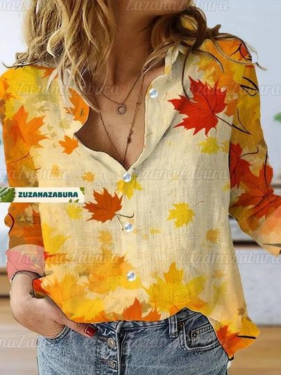 Maple Leaf Linen Shirt, Maple Leaf Shirt, Autumn Linen Shirt, Fall Linen Shirt, Leaf Casual Shirt, Linen Shirt Women, Women Blouses