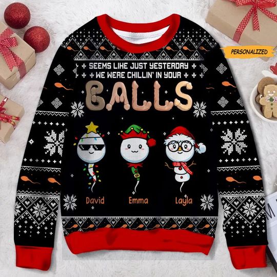 Discover Seems Like Yesterday We Were Chillin In Your Balls, Personalized 3D Knitted Ugly Christmas Sweater, Christmas Gift For Dad,Sperm Dad Sweater