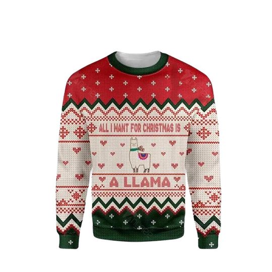 Discover Ugly Christmas Sweater All I Want For Christmas Is A Llama, 3D Ugly Christmas Sweaters, 3D Ugly Sweater Holiday Crewneck Sweatshirts