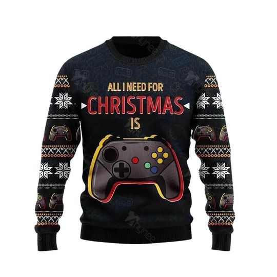 Discover Ugly Christmas Sweater All I Need For Christmas Is Play Game, 3D Ugly Christmas Sweaters, 3D Ugly Sweater Holiday Crewneck Sweatshirts