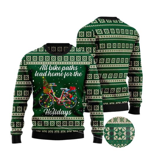 Discover Ugly Christmas Sweater All Bike Paths Lead Home For The Holiday, 3D Ugly Christmas Sweaters, 3D Ugly Sweater Holiday Crewneck Sweatshirts