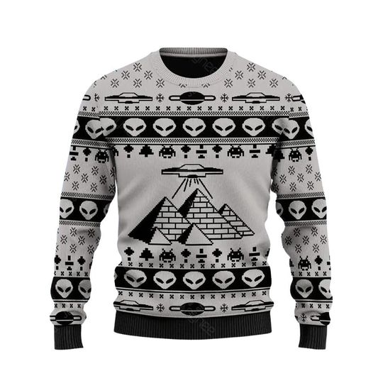 Alien Ancient Pyramid Ugly Christmas Sweater, 3D Ugly Christmas Sweaters, 3D Ugly Thanksgiving Sweater Winter Holiday Crew Neck Sweaters