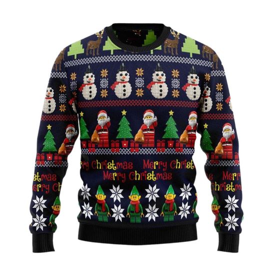 A Merry Lego Ugly Christmas Sweater For Men & Women Christmas Gift Sweater, 3D Ugly Thanksgiving Sweater Winter Holiday Crew Neck Sweaters