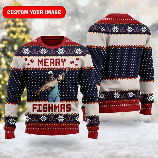 Merry Fishmas Gift For Fishing Lovers Shirt, Custom Photo Ugly Christmas Sweater, Fishing Xmas Sweatshirt, Christmas Gift For Men Women Kid
