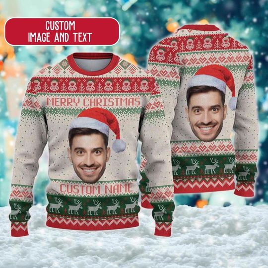 Discover Personalized Face 3D Ugly Christmas Sweater, Custom 2024 Xmas Sweatshirt With Picture, Merry Christmas Gift For Men Women Kid Face Shirt