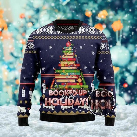 Retro Booked Up For The Holidays Christmas Tree Ugly Sweater, Reading Lover Xmas Sweatshirt, Library Christmas Gift For Men Women Kid