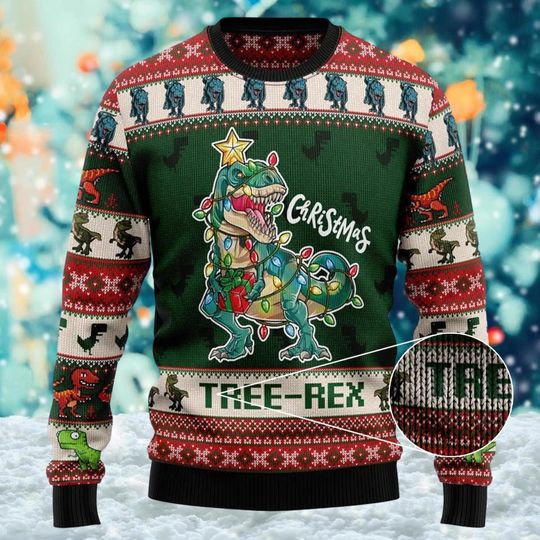Christmas Tree-Rex Ugly Christmas Sweater, Funny Dino T-Rex Xmas Sweatshirt, Christmas Gift For Men Women Kid, Dinosaur Jumper