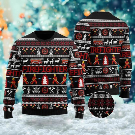 Firefighter 3D Ugly Christmas Sweater, All Over Print Unisex Ugly Christmas Sweatshirt, Fire Truck Xmas Shirt, Merry Christmas Gift