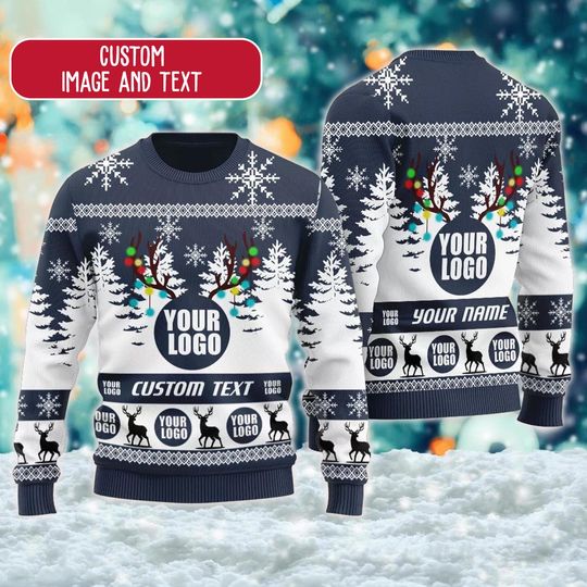 Personalized Custom Logo 3D Ugly Christmas Sweater, Custom Company Logo Image Reindeer Xmas Sweatshirt, Christmas Gift For Men Women Kid