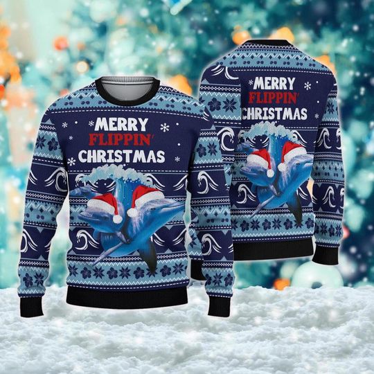 Discover Merry Dolphin Ugly Christmas Sweater, Ocean Santa Xmas Sweatshirt, Christmas Gift For Men Women Kid, Dolphin Family Christmas Shirt