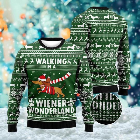 Dachshund Ugly Christmas Sweater, Walking In A Wiener Wonderland Xmas Sweatshirt, Christmas Gift For Men Women Kid, Dog Santa Hat Shirt