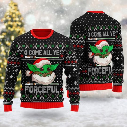 O Come All Ye Forceful 3D Ugly Christmas Sweater, Christmas Carols Xmas Sweatshirt, Galaxy Baby Christmas Song Gift For Men Women Kid