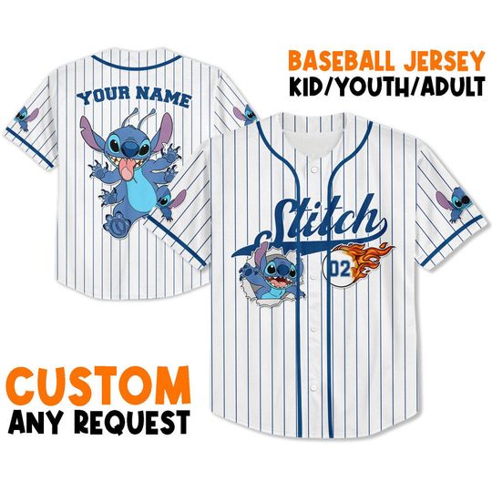 Discover Personalize Stitch baseball Fire Blue White Jersey, Disney Baseball Jersey Sports