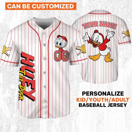 Custom Ducktales Huey Classic Binding Jersey, Disney Baseball Jersey Sports